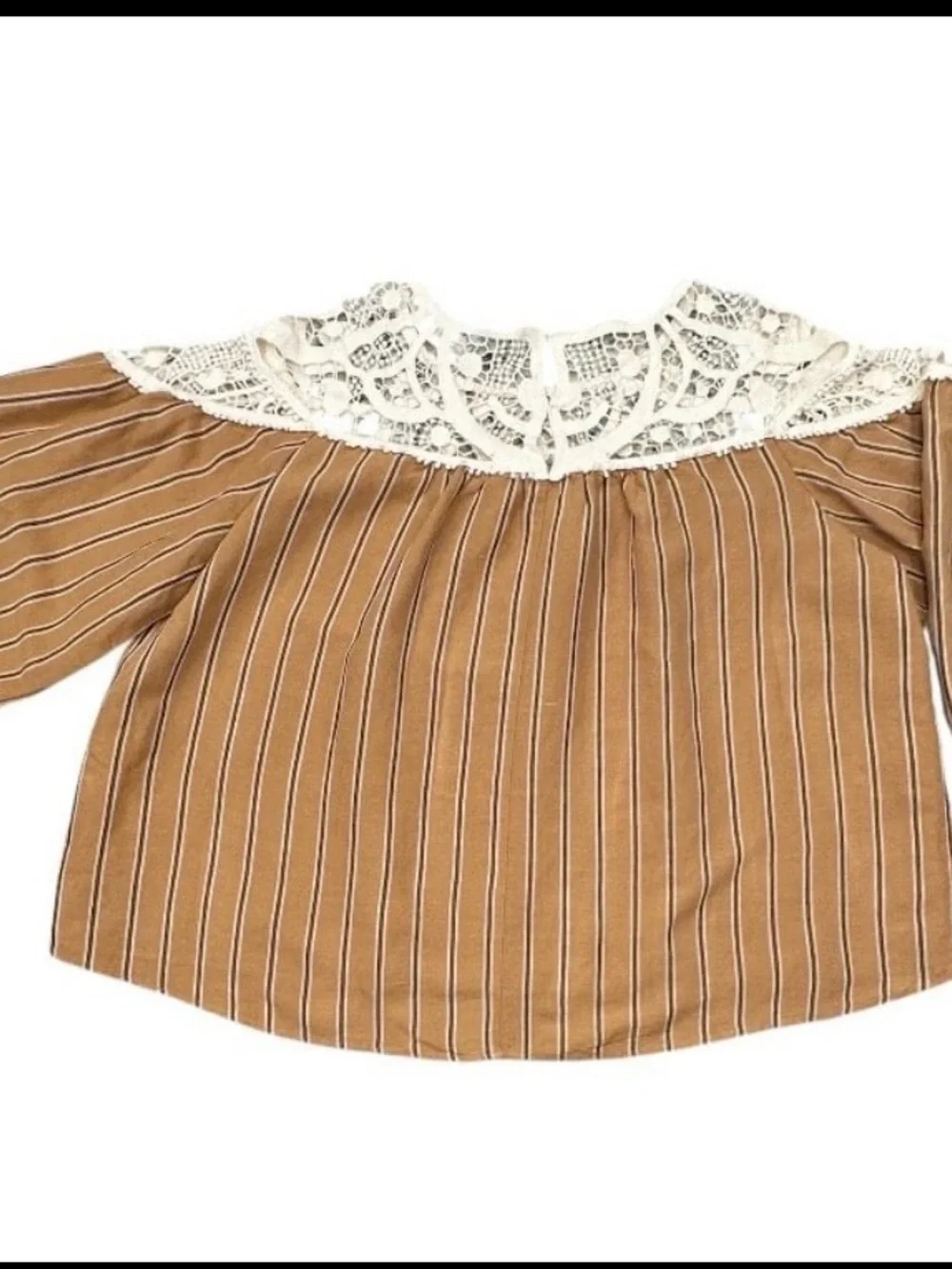 Zara Tan Pinstripe Blouse with White Crochet Yoke